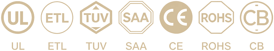 产品认证标识:UL、ETL、TÜV、SAA、CE、RoHS、CB